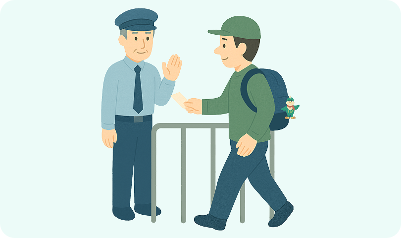 改札口で係員に乗車券を手渡して入場する場面