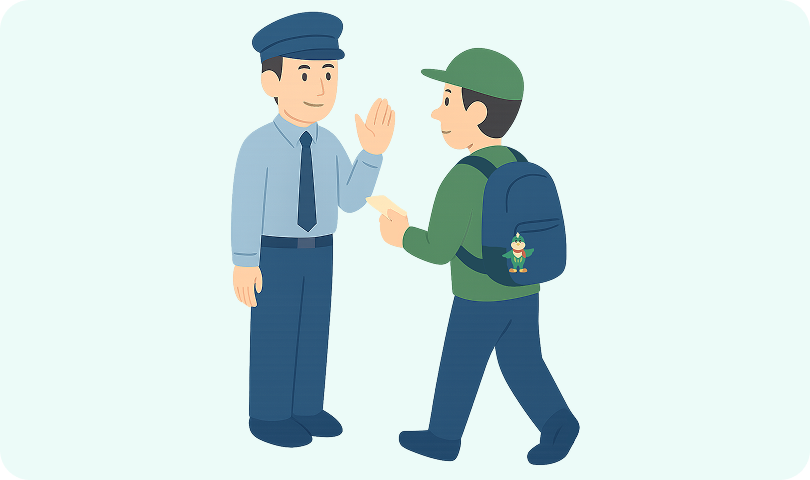 到着駅の改札で係員に乗車券を渡して出場する様子