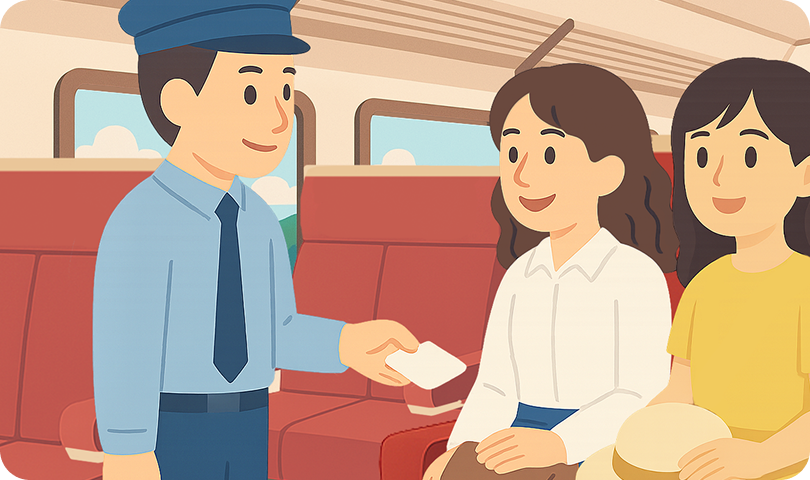 車内で車掌に行き先を伝えて乗車券を購入している様子